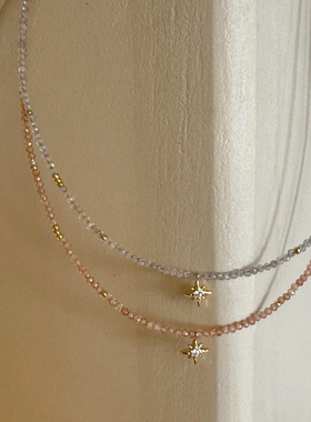 天然石闪亮米珠细串珠锁骨链