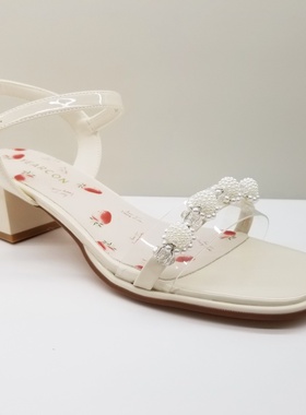 意尔康女鞋2024夏季新款粉红色一字带珍珠露趾粗跟中跟时装凉鞋女