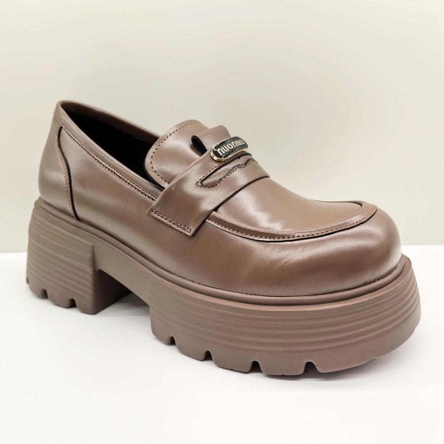 意尔康女鞋2024秋季新款英伦厚底深口棕色皮鞋女单高跟百搭乐福鞋