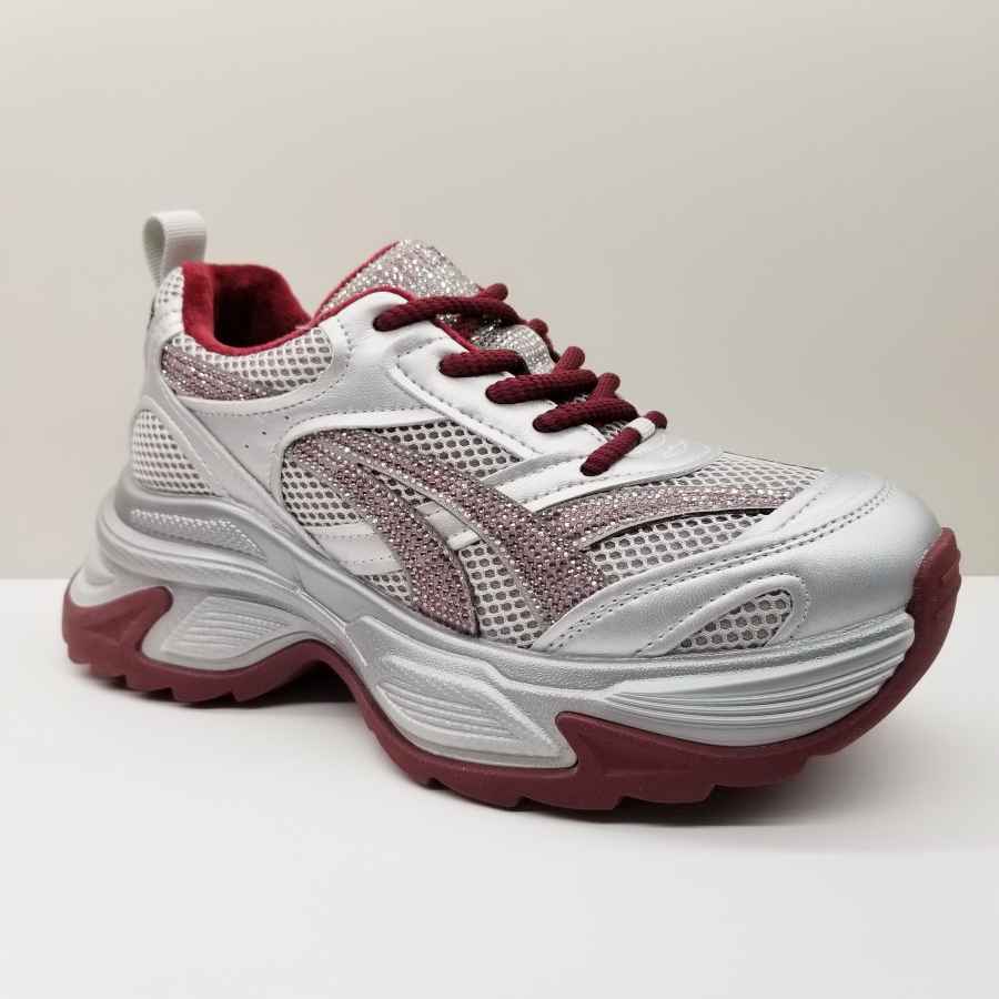 意尔康女鞋2024冬季新款红银色水钻加绒休闲运动厚底二棉老爹鞋潮