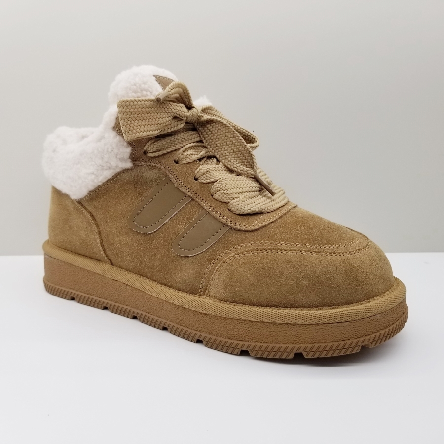 意尔康女鞋2024冬季新款磨砂真皮加绒加厚保暖系带百搭雪地靴女棉