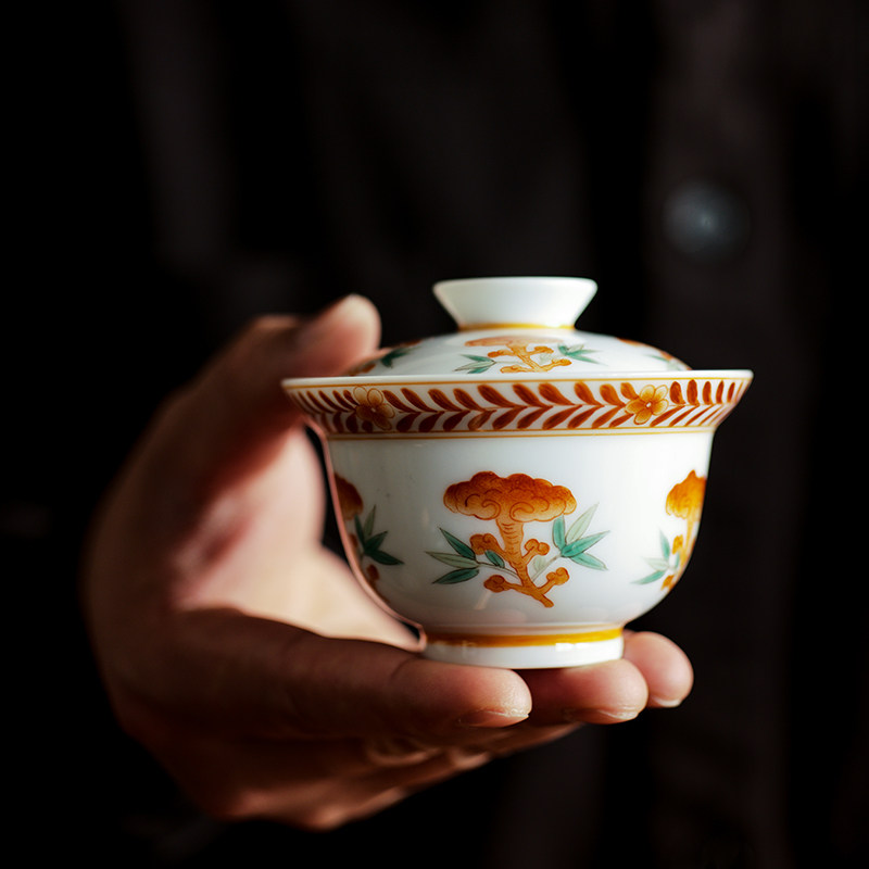 七月长景德镇陶瓷盖碗 手绘矾红灵芝茶碗 复古茶具 弥云斋