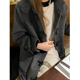 牛角扣呢子大衣羊毛 加厚韩系学院风连帽中长款 GUOGEV2023冬季 新款