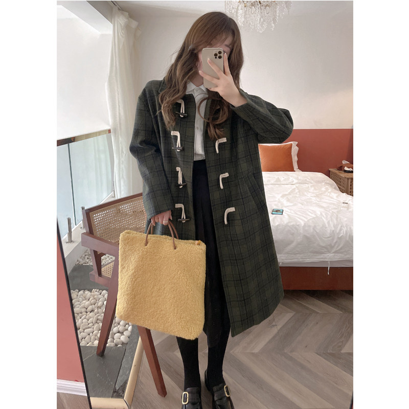 GUOGEV加棉宽松格子复古羊毛甜美学院风牛角扣大衣外套女