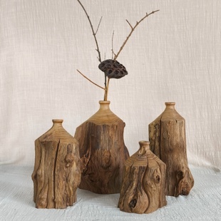 侘寂风实木花瓶禅意复古日式花器民宿酒店桌面风化木头插花瓶摆件