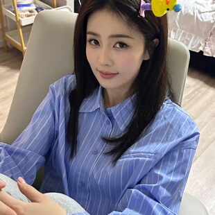 白鹿明星同款天蓝色条纹设计感抽绳长袖衬衫百搭个性春秋上衣女潮