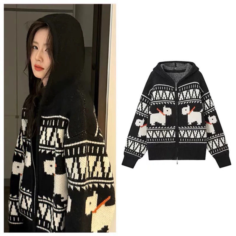 白鹿明星同款秋冬马赛克梗犬毛针织开衫连帽卫衣宽松复古国潮外套