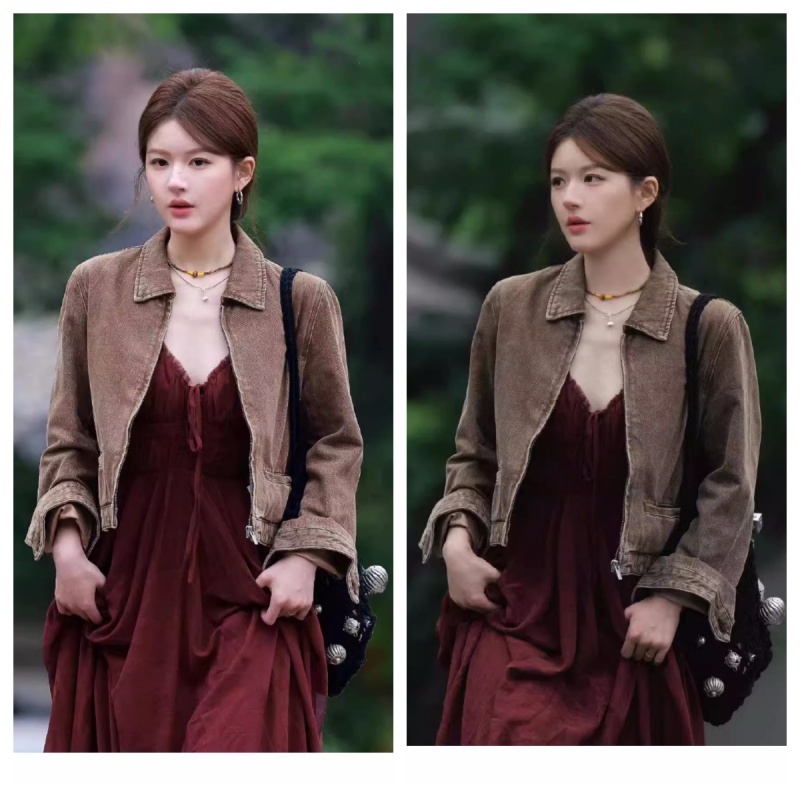 赵露思明星同款棕色洗水做旧复古简约长袖牛仔外套百搭显瘦上衣潮