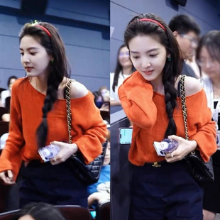 章若楠明星同款橘红色一字领宽松薄款场球针织衫复古百搭早秋上衣