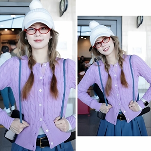 赵昭仪明星同款紫色甜美软糯复古麻烦针织开衫百搭显瘦毛衣外套潮