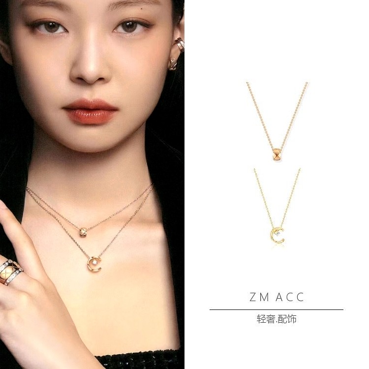 jennie时尚法式小众格纹水冰月小金豆镀18k金项链锁骨链叠戴潮女