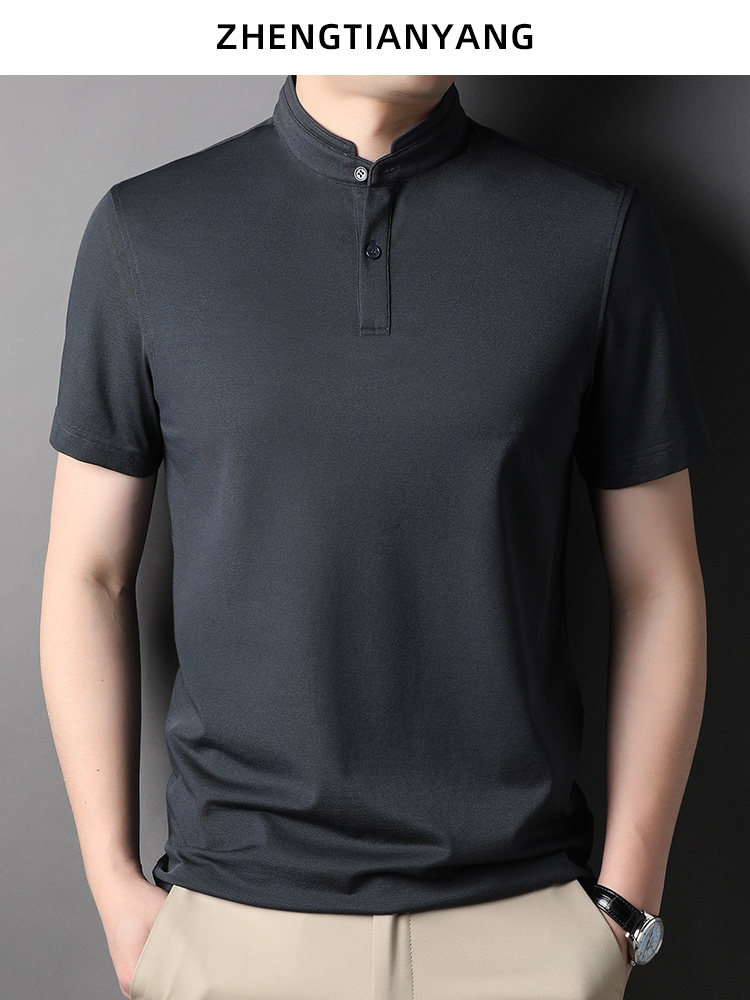 SUMMER MULBERRY SILK STAND-UP COLLAR POLO SHIRT MENS ICE SILK COTTON SHORT-SLEEVED T-SHIRT CHINESE CASUAL SOLID COLOR HALF-SLEEVED THIN T-SHIRT
