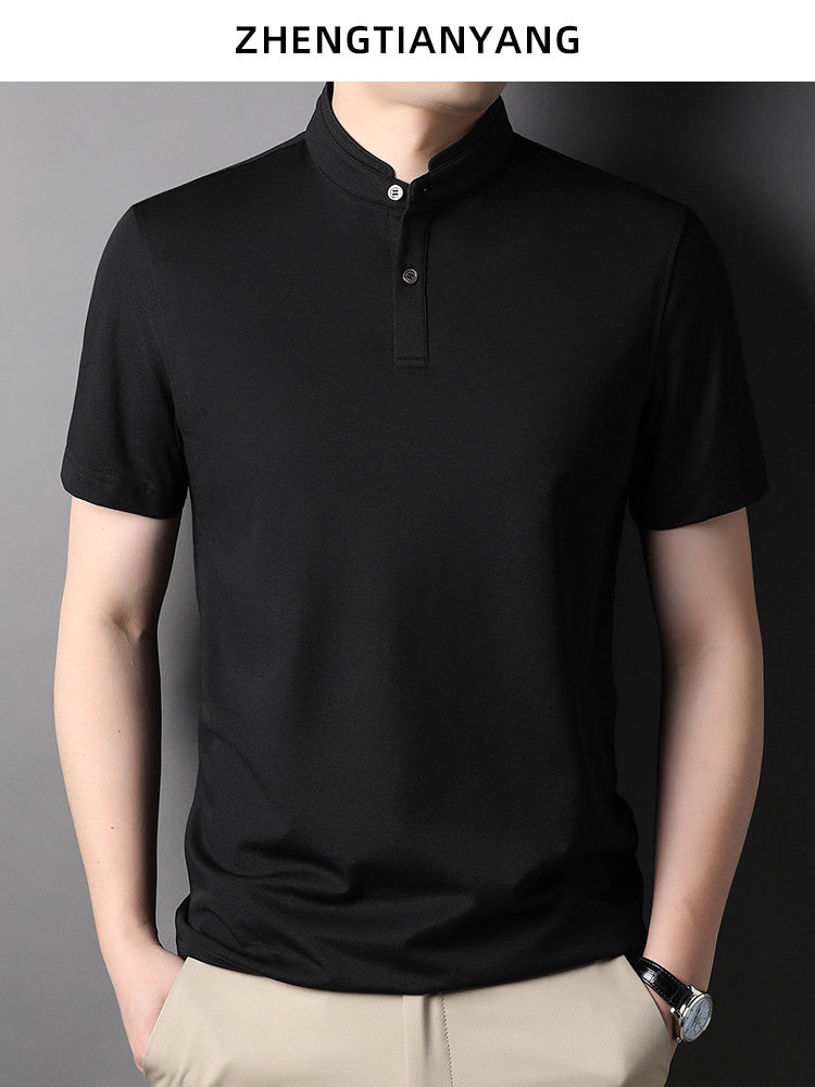 SUMMER MULBERRY SILK STAND-UP COLLAR POLO SHIRT MENS ICE SILK COTTON SHORT-SLEEVED T-SHIRT CHINESE CASUAL SOLID COLOR HALF-SLEEVED THIN T-SHIRT