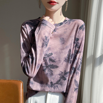 春夏薄款水墨晕染圆领莱赛尔天丝打底衫女长袖套头亲肤内搭上衣