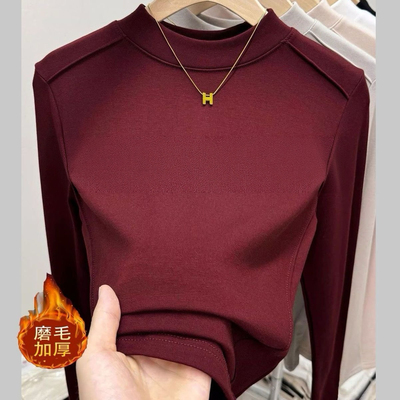 立领长袖打底衫女2025秋冬季内搭t恤加厚薄绒半高领纯棉保暖上衣