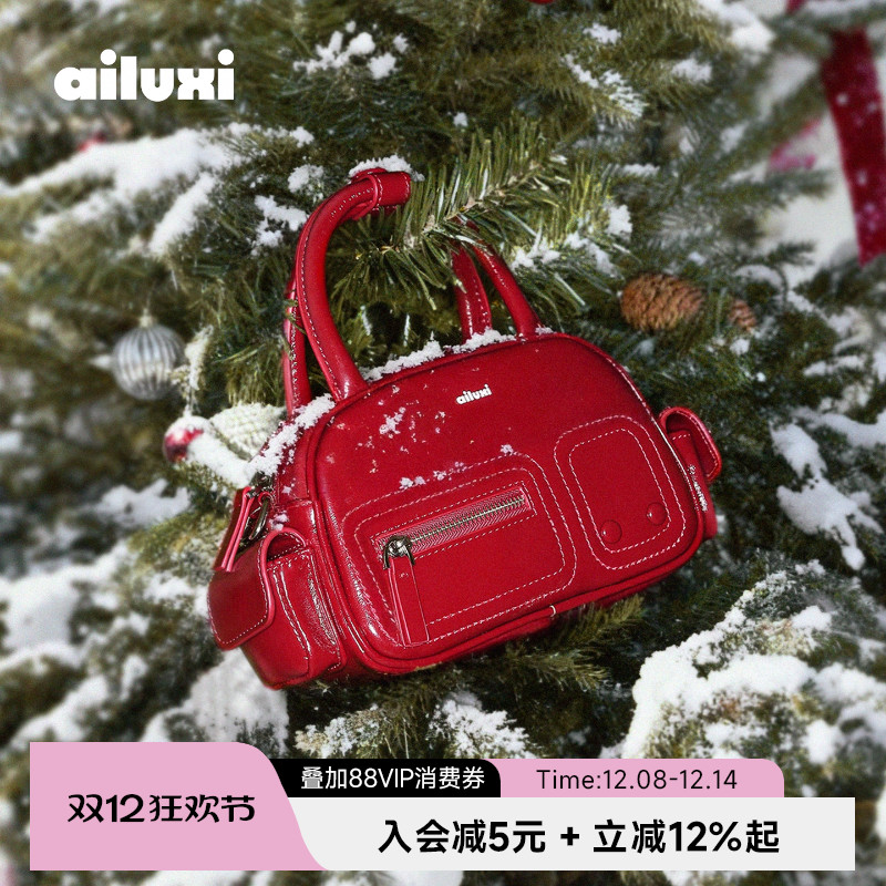 爱路喜小包包女式小众设计高级感复古红色保龄球包迷你手提斜挎包