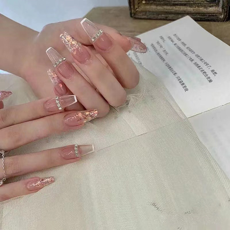 手工美甲片法式渐变亮片链条钻显白高贵穿戴甲新娘孕妇成品可拆卸