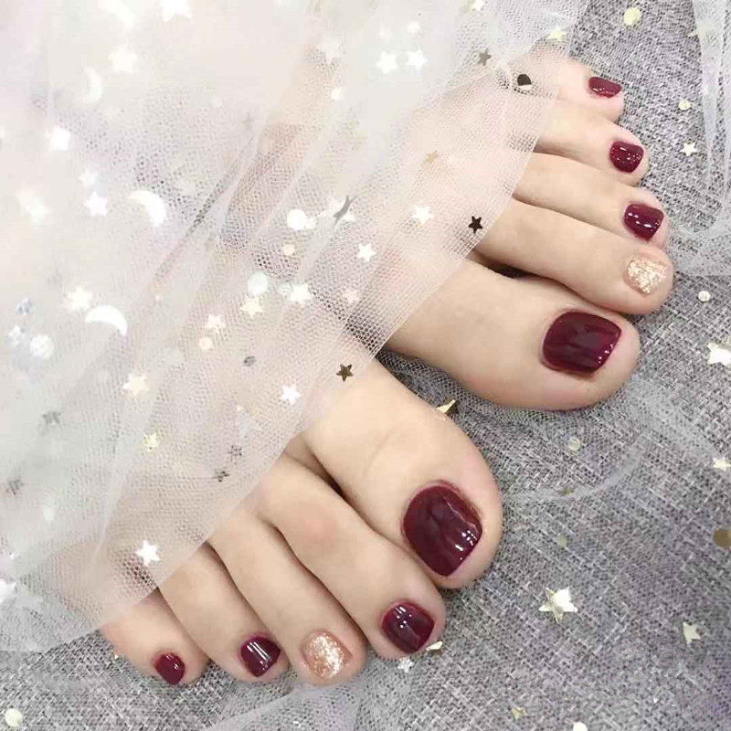 手工光疗美甲片2020爆款 夏日酒红纯色跳色脚趾甲 防水穿戴可拆卸