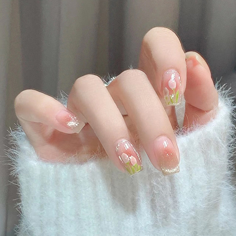 新款法式晶石猫眼手绘郁金香日常显白气质女神穿戴甲度假美甲贴片