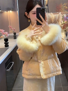 新中式重工提花刺绣羽绒棉服女2025冬新款高端国风毛毛袖保暖外套