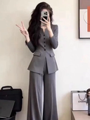两件套 女通勤职场时尚 2026春秋新款 高级感灰色收腰西服上衣阔腿裤