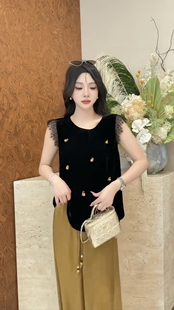 高级感2026夏季新款冰丝绒蕾丝小飞袖金珠马甲上衣女宽松法式背心