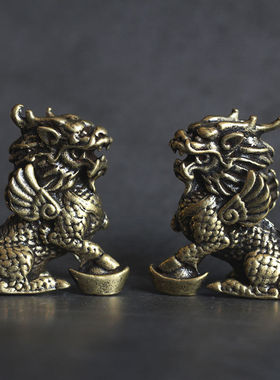 创意个性纯黄铜麒麟貔貅仿古办公桌面茶宠小摆件一对小号摆件