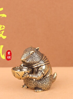 纯黄铜雕刻土拨鼠可爱手办摆件