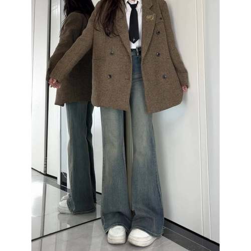 覆古蓝加绒加厚微喇牛仔裤女秋冬新款胖妹妹mm显瘦遮胯弹力喇叭裤