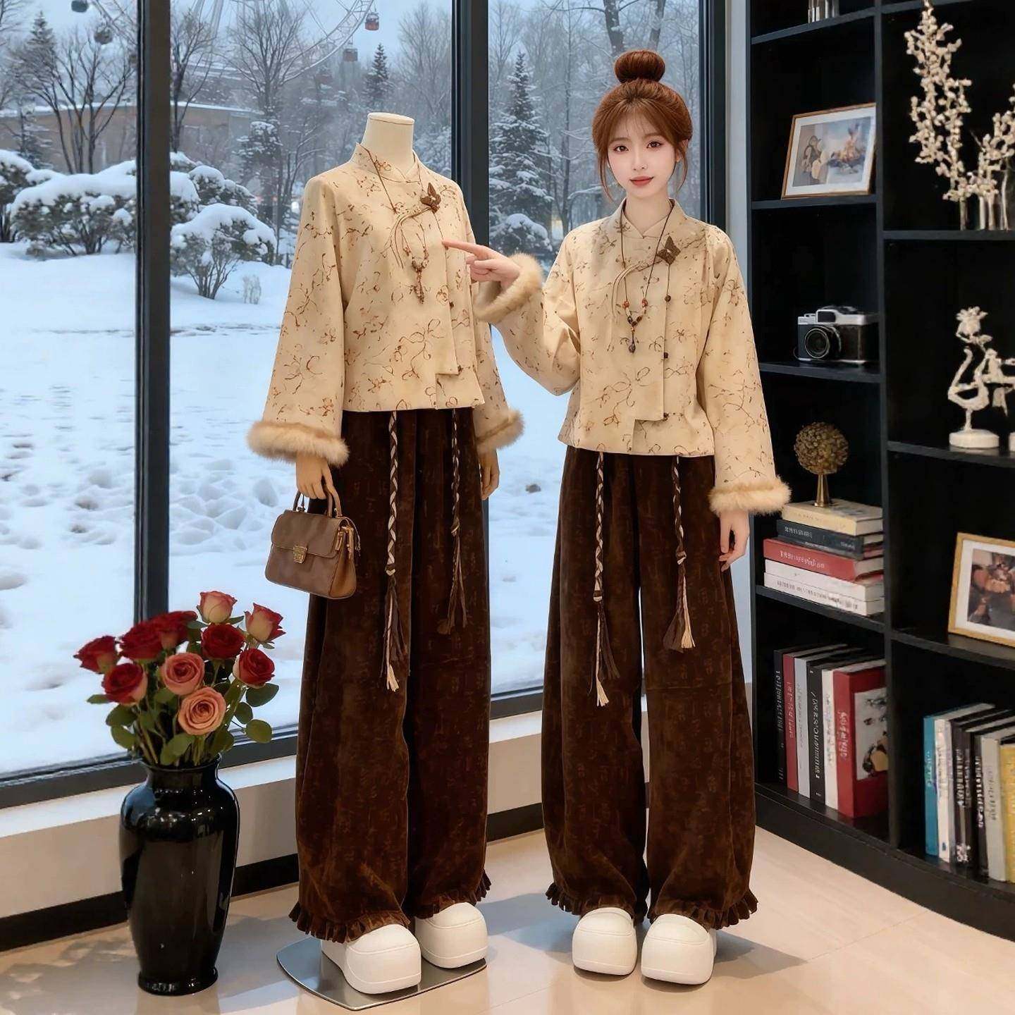 冬季穿搭一整套大码胖mm新中式国风提花外套阔腿裤独特好看套装女,女装/女士精品,时尚套装,淘宝优惠券,粉丝福利购,淘宝优惠卷