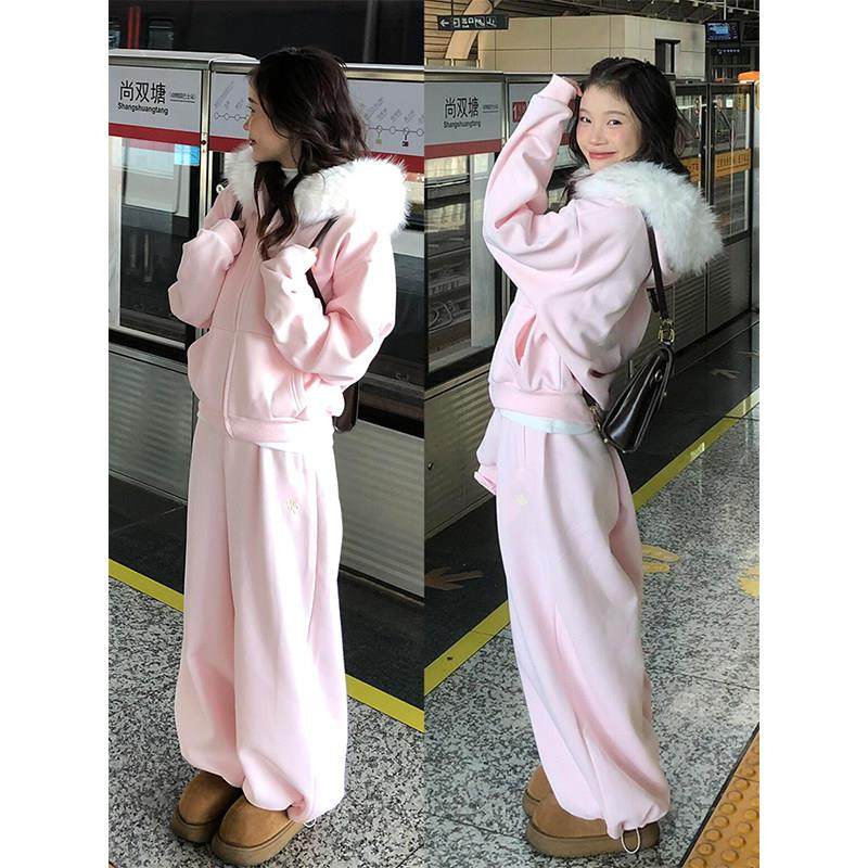 韩系慵懒风休闲运动套装女秋冬毛领连帽卫衣阔腿裤减龄显白两件套,女装/女士精品,休闲运动套装,淘宝优惠券,粉丝福利购,淘宝优惠卷