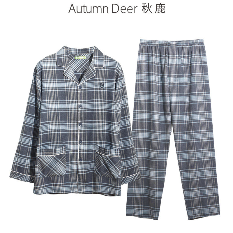秋鹿春秋季新款男士梭织纯棉家居服套装全棉长袖开衫睡衣男清仓