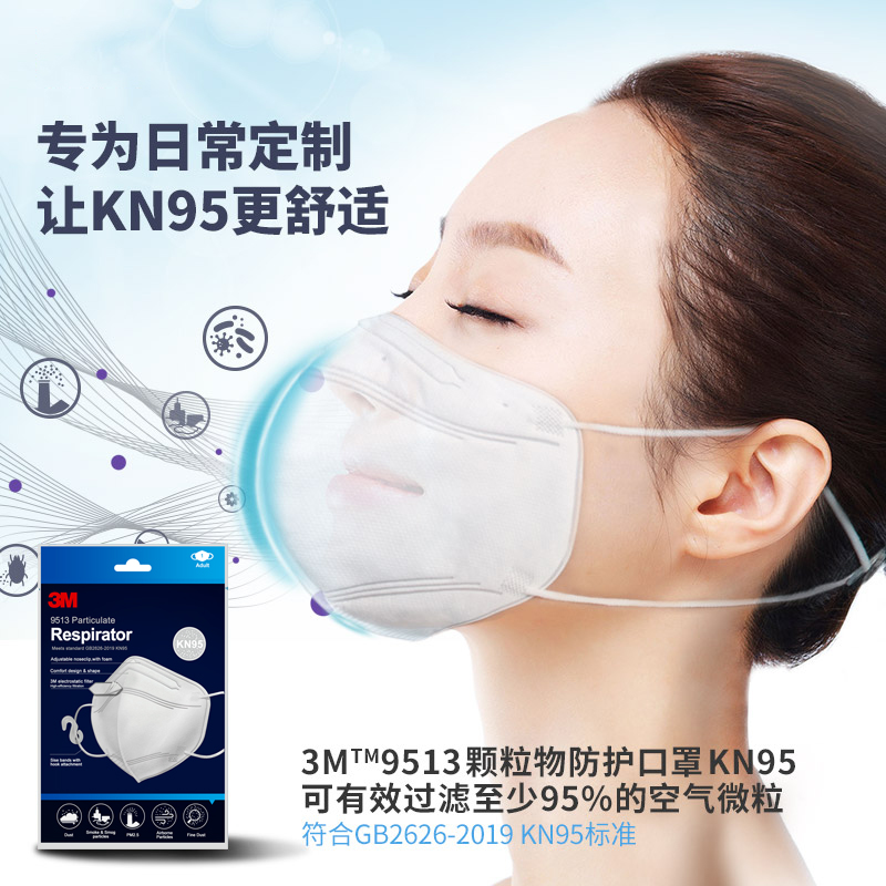 3M 9513 白色3D立体1只独立装KN95防雾霾颗粒物飞沫过滤效率≥95%