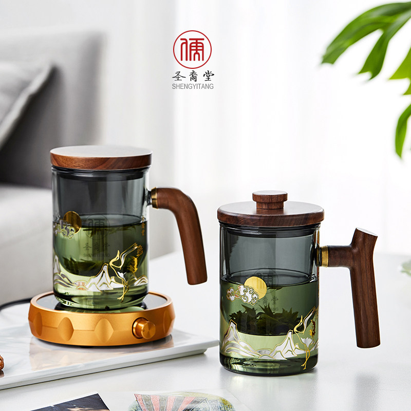 圣裔堂耐热玻璃泡茶杯茶水分离办公室杯子中式印花高档过滤个人杯