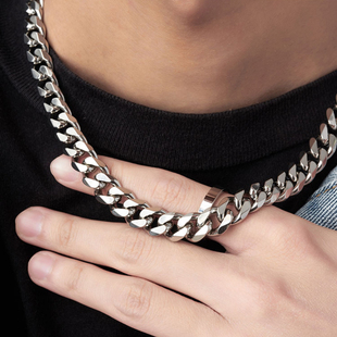 古巴项链男潮时尚高档切面古巴链加粗宽版嘻哈街头锁骨链配饰链条