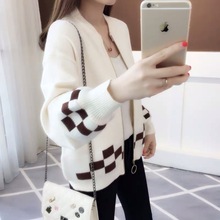 100%正品 羊绒衣女装 拼色外搭针织宽松灯笼袖 清仓针织外套
