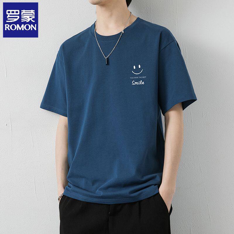 罗蒙男士纯棉短袖T恤夏季薄款潮牌圆领笑脸印花男装衣服冰丝体恤