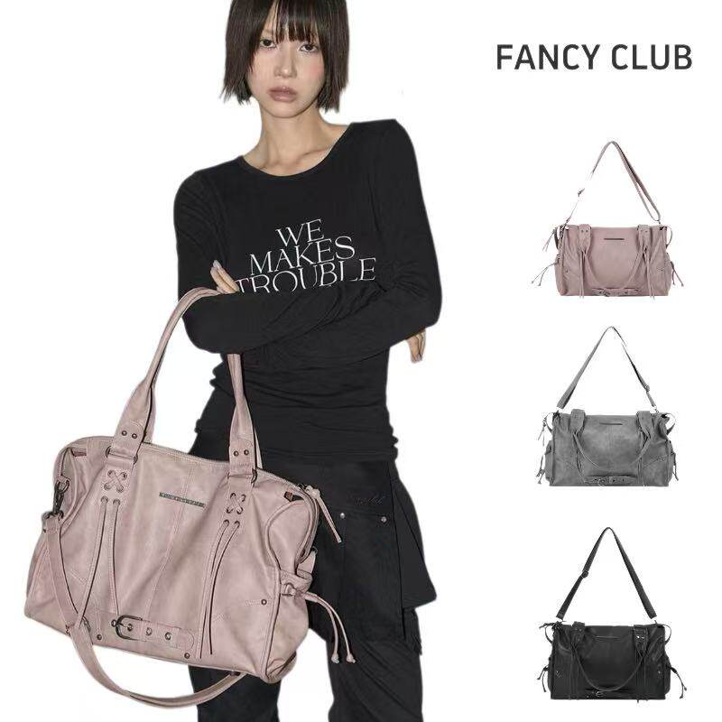 韩国Fancyclub小众包包大容量街头铆钉绑带机车包通勤斜挎单肩包