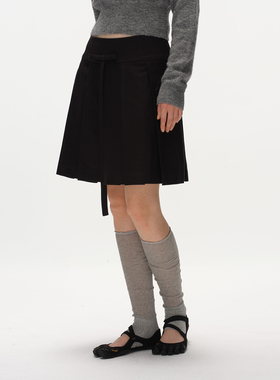 Metaricotta 蝴蝶结高级质感复古百褶半身裙黑色