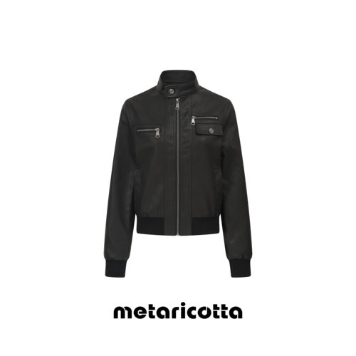 Metaricotta 美式复古高级酷飒风水洗重工拼接螺纹短款皮衣外套