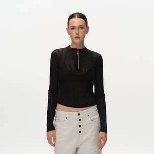Metaricotta 黑色微透感网纱半拉链打底衫女长袖上衣
