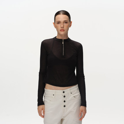 Metaricotta 黑色微透感网纱半拉链打底衫女长袖上衣