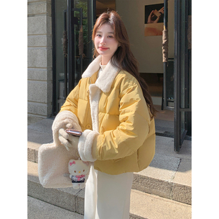 羊羔毛领黄色羽绒服女冬季2025新款超好看短款小个子流行韩系爆款