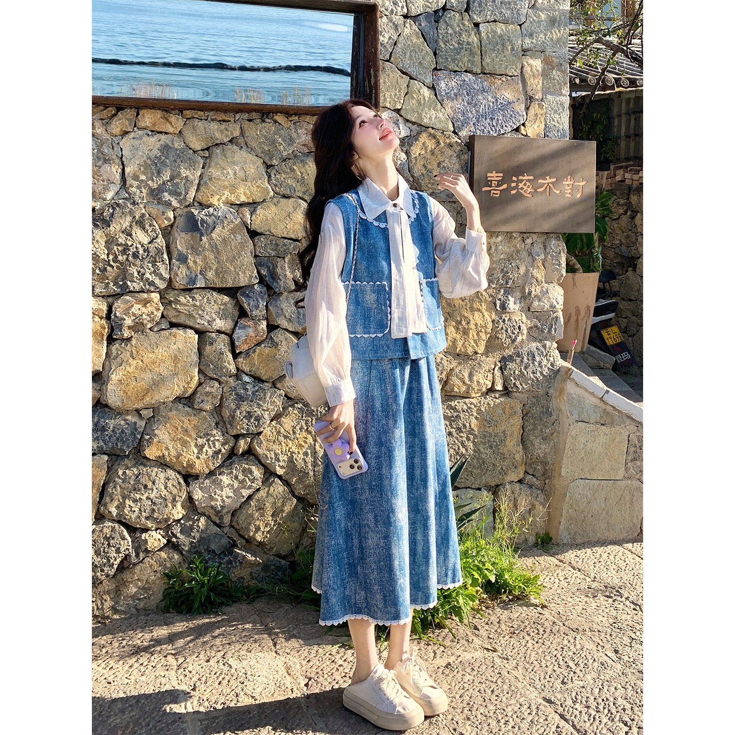 蓝色小清新牛仔套装裙女春天2026新款法式巨好看马甲半身裙三件套