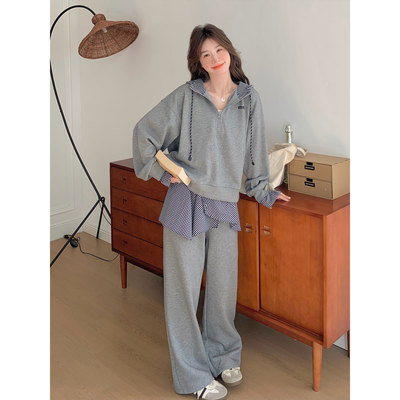 秋季新款灰色连帽卫衣套装女韩系