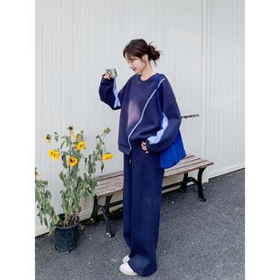深蓝色条纹拼接不规则卫衣套装2026新款女春秋休闲韩系chic两件套