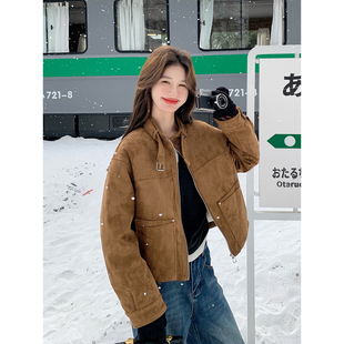 美拉德咖色麂皮绒羽绒服女2025冬季新款巨好看保暖白鸭绒内胆外套