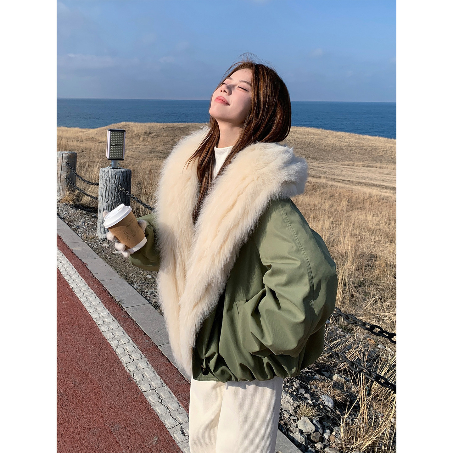 真狐狸毛绿色90羽绒服派克服女2025冬季新款小个子气质白鸭绒外套