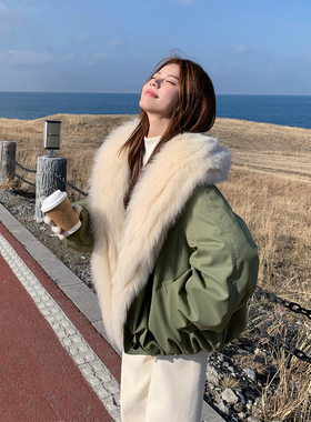 真狐狸毛绿色90羽绒服派克服女2025冬季新款小个子气质白鸭绒外套