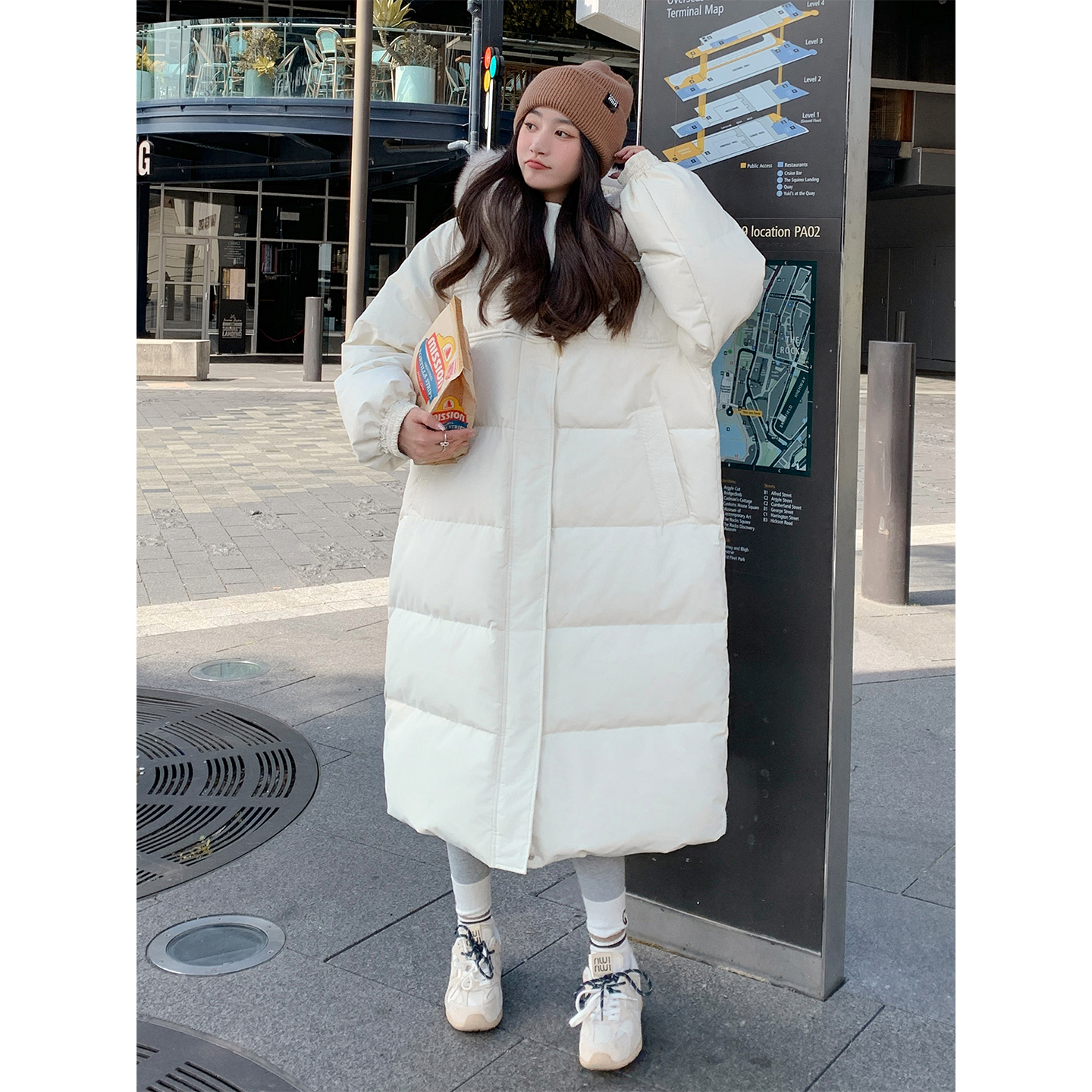 白色大毛领羽绒棉服女2025冬季新款宽松加厚棉衣棉袄中长款面包服